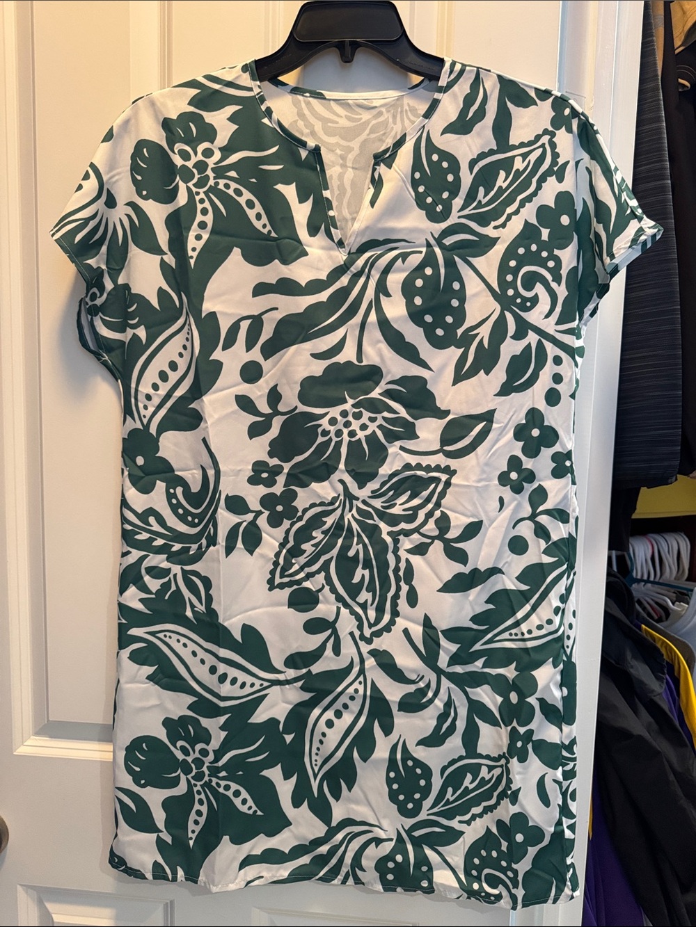 SHEIN White Tunic Dress with Green Floral Print